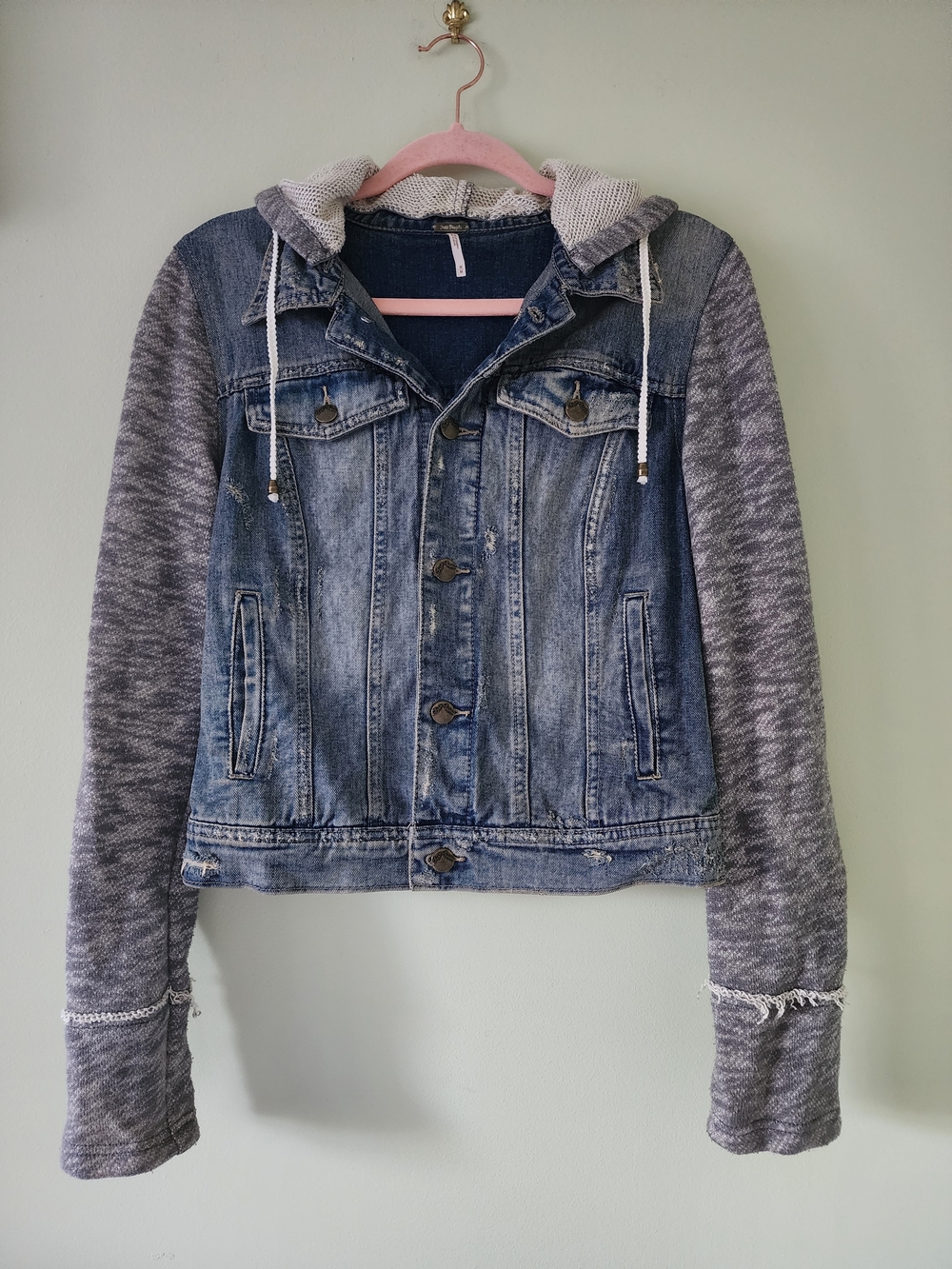 Free People Blue Denim Jacket with Gray Knit Hoodie Sleeves